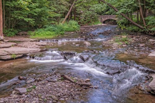 A serene stream flows over rocks, surrounded by lush greenery and a stone bridge in the background.