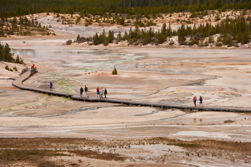 Visitors walk along a wooden boardwalk through a geothermal area with colorful mineral deposits and trees in the background.