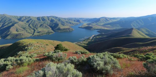 A panoramic view of rolling green hills surrounding a calm lake, with a marina visible in the distance under a clear blue sky.