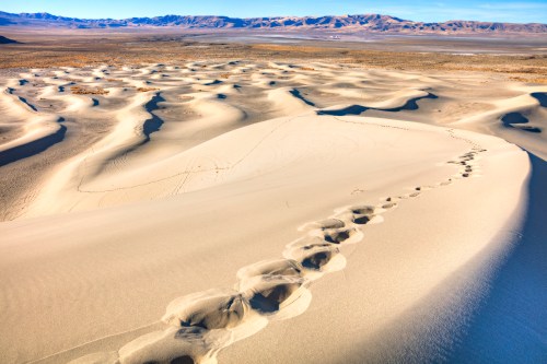 Footprints in soft sand lead across undulating desert dunes under a clear blue sky.