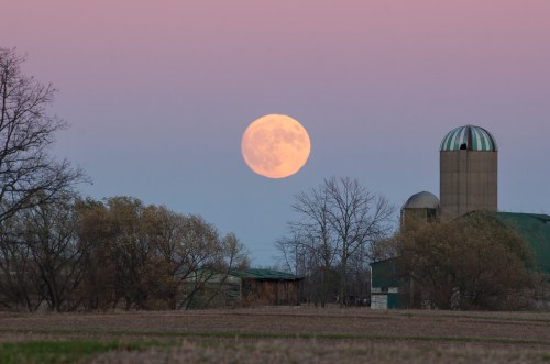 A full moon rises over a rural landscape, with a barn and silos silhouetted against a pastel sky at dusk.