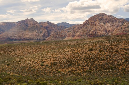 A vast desert landscape with rugged mountains and scattered vegetation under a cloudy sky.