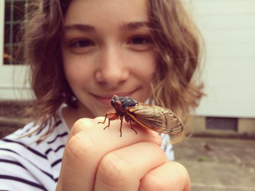 A smiling child holds a large cicada on their finger, with a blurred background of a house.