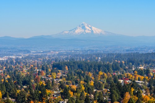 A scenic view of a snow-capped mountain surrounded by colorful autumn trees and a small town below.