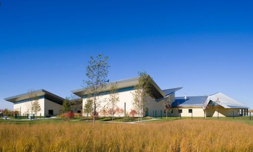 Modern buildings with unique roofs surrounded by grass and trees under a clear blue sky.
