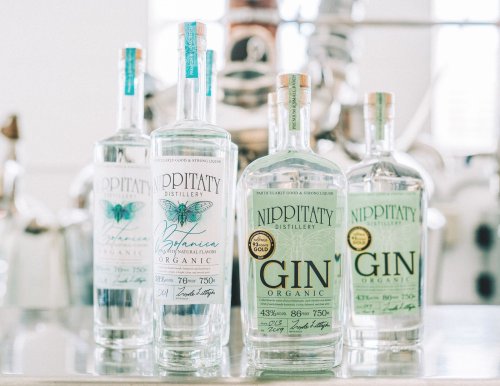Four bottles of organic gin from Nippitaty Distillery, displayed on a reflective surface with distilling equipment in the background.