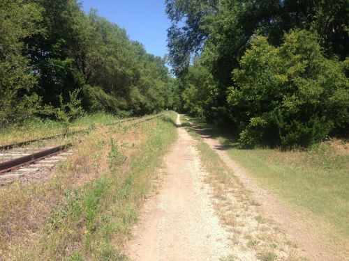 A dirt path lined with greenery, alongside an abandoned railway track under a clear blue sky.