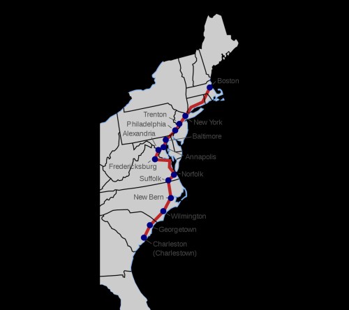 Map of the Eastern United States showing a transportation route with marked cities and connections.