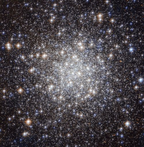 A dense cluster of bright stars against a dark cosmic background, showcasing the beauty of the universe.