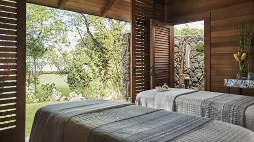 A serene spa room with two massage tables, open to a lush garden view through wooden slatted doors.