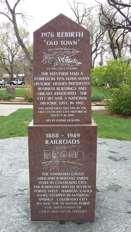 Monument commemorating the 1976 rebirth of Old Town and the history of railroads in Colorado City, 1888-1949.