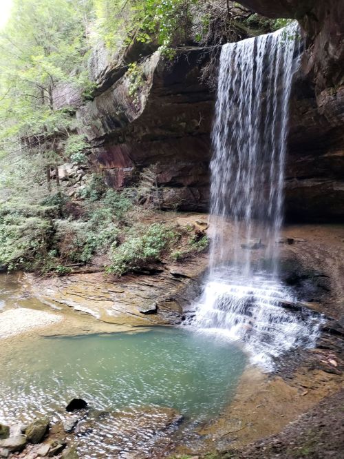 A serene waterfall cascades over rocks into a tranquil pool, surrounded by lush greenery and cliffs.