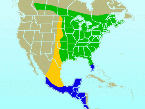 Map showing geographical distribution with green, yellow, and blue regions across North America and parts of Central America.