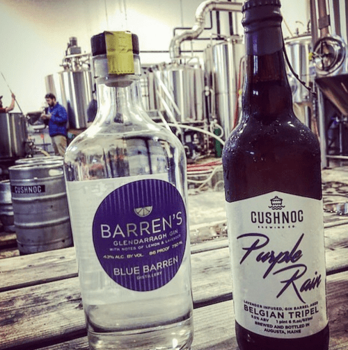 A bottle of Barrens Glendarragh Gin and a bottle of Gushnoc Purple Rain Belgian Tripel on a wooden table in a brewery.