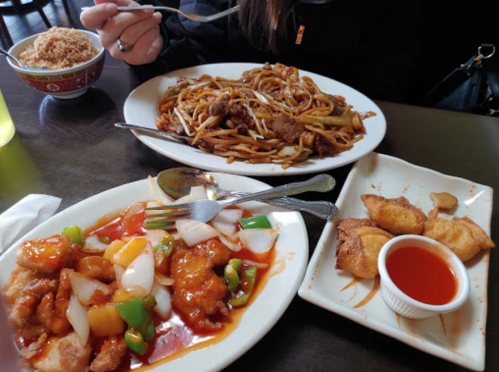 A table with two plates of Chinese food: sweet and sour chicken, lo mein, and fried dumplings with dipping sauce.
