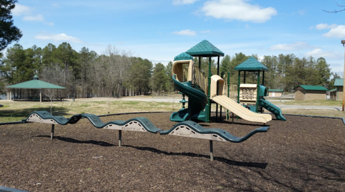 A playground with slides and climbing structures, surrounded by mulch and trees under a blue sky.