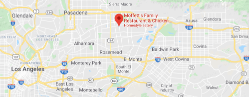 Map showing the location of Moffett's Family Restaurant & Chicken in Rosemead, California, near Pasadena.
