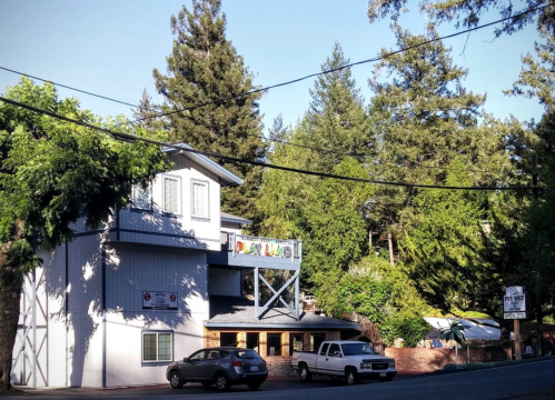A two-story building with a sign reading "Playland," surrounded by tall trees and parked cars on a sunny day.