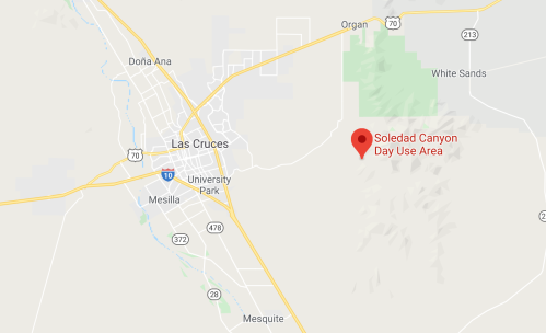 Map showing the location of Soledad Canyon Day Use Area near Las Cruces, New Mexico, with nearby landmarks and roads.