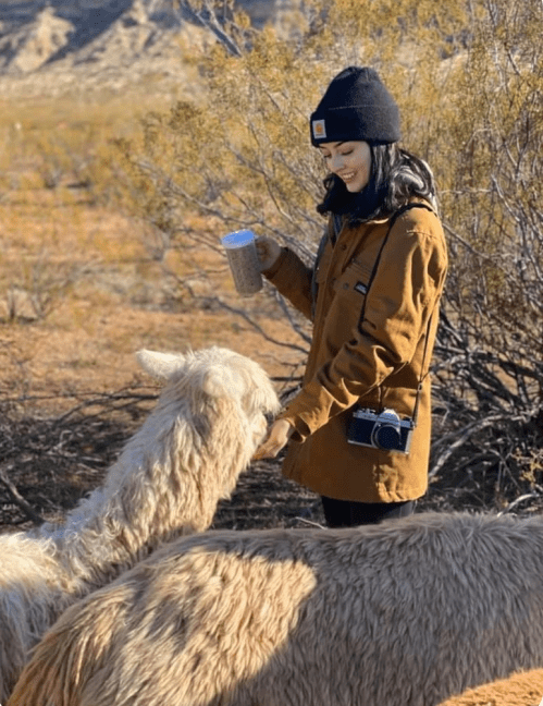 A woman in a brown jacket and beanie feeds a llama while holding a cup in a desert landscape.