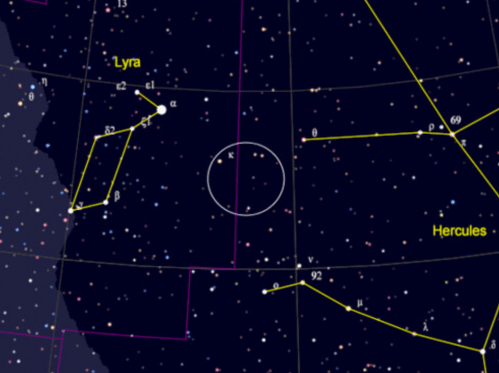 Star map showing the constellations Lyra and Hercules, with labeled stars and connecting lines against a dark background.