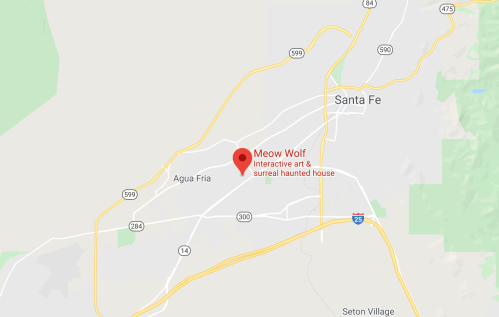 Map showing the location of Meow Wolf, an interactive art and surreal haunted house in Santa Fe, New Mexico.