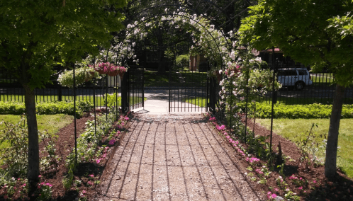 A garden path leads through an archway adorned with flowers, framed by lush greenery and sunlight casting shadows.