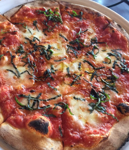 A freshly baked pizza topped with tomato sauce, mozzarella cheese, and fresh basil leaves.