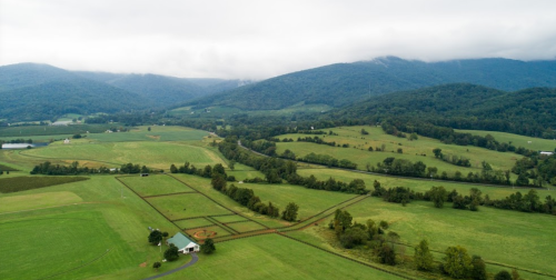 Aerial view of lush green fields and rolling hills, with a small white house and mountains in the background under cloudy skies.