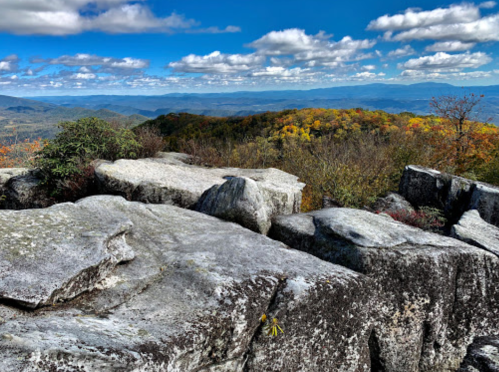 A rocky outcrop overlooks a colorful autumn landscape with rolling hills and a blue sky dotted with clouds.