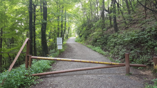 A gravel path leads into a forest, blocked by a gate with a sign stating "Private Road, No Vehicles."