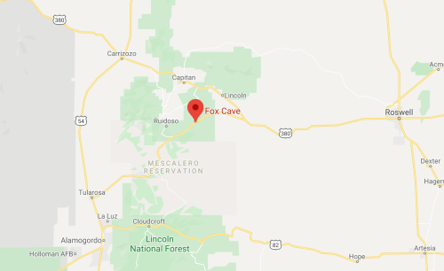 Map showing the location of Fox Cave near Ruidoso, New Mexico, within the Lincoln National Forest.