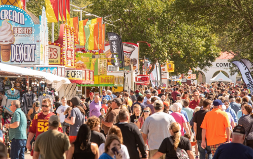 A bustling fair scene with crowds walking among colorful food stalls and banners on a sunny day.
