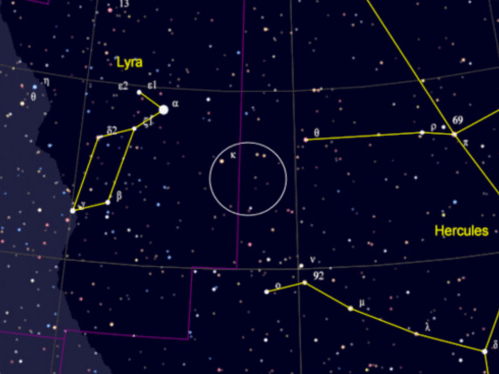 A star map showing the constellations Lyra and Hercules with labeled stars and lines connecting them.