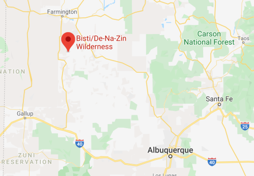 Map showing the location of Bisti/De-Na-Zin Wilderness near Farmington, New Mexico, with nearby landmarks and highways.