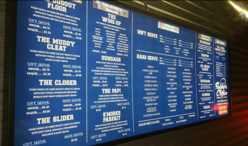 Menu board featuring various ice cream options, including soft serve, hard serve, sundaes, and specialty items.