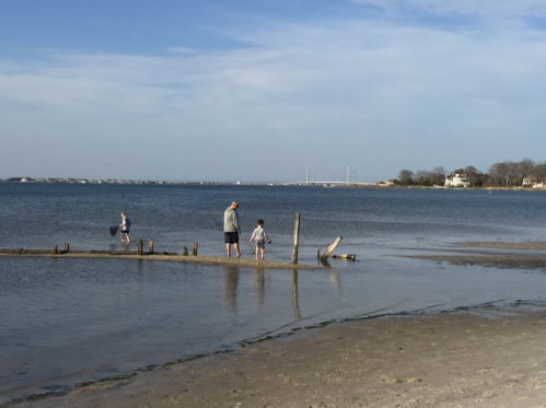 A man and two children play near the water on a calm beach, with a distant shoreline and boats visible.