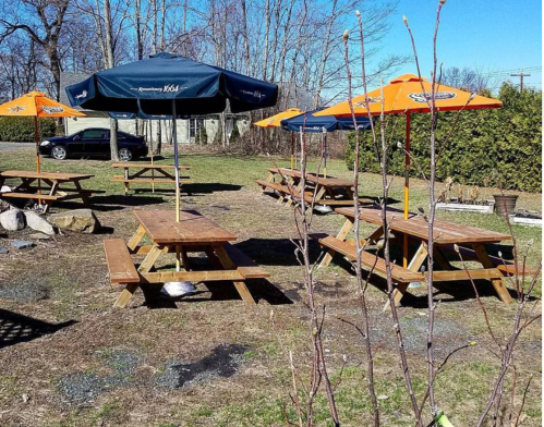 Outdoor seating area with wooden picnic tables and umbrellas on a grassy lawn, surrounded by trees and a clear blue sky.