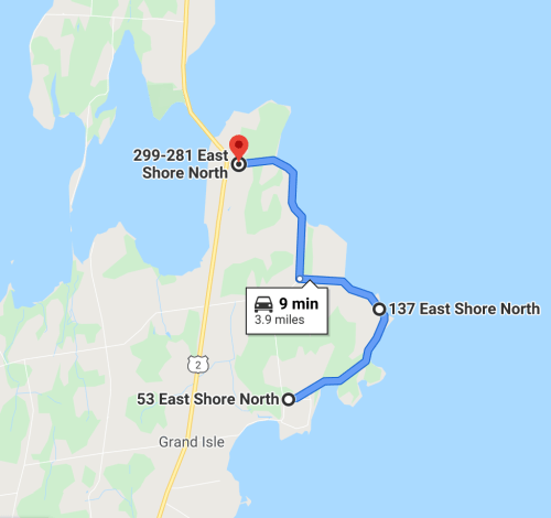 Map showing driving directions from 53 East Shore North to 299-281 East Shore North, 9 minutes, 3.9 miles.