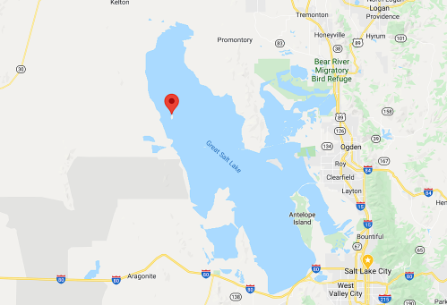 Map showing the Great Salt Lake in Utah, with a red marker indicating a specific location near Kelton.