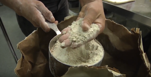 A person scoops flour from a bag, holding it in one hand while using a measuring cup in the other.
