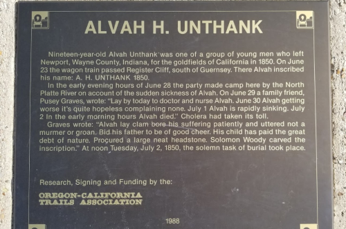 Sign detailing the life of Alvah H. Unthank, a young man who left home for California in 1850 and faced tragedy.