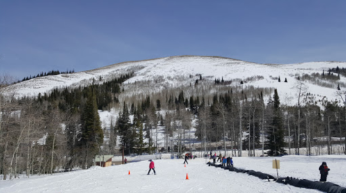 A snowy landscape with skiers on a slope, surrounded by trees and a clear blue sky.