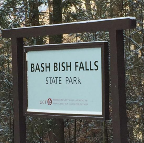 Sign for Bash Bish Falls State Park, surrounded by trees in a winter setting.