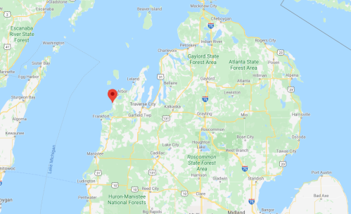 Map showing the location of Frankfort, Michigan, near Lake Michigan and surrounded by forested areas.