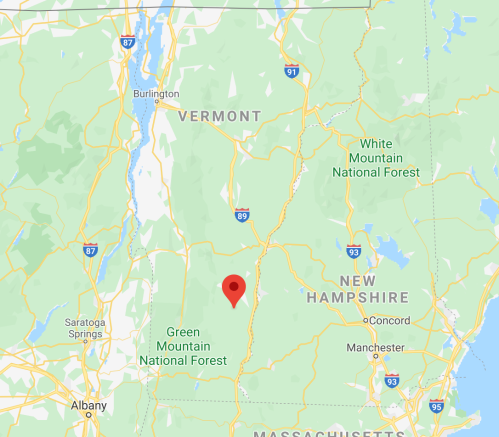 Map showing the Green Mountain National Forest area in Vermont, near the border with New Hampshire.