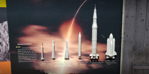 A display of rocket models illustrating the evolution of rocket design and technology over time.