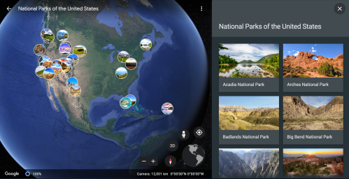 Map of U.S. National Parks with images and locations highlighted on a globe. Parks listed include Acadia and Arches.