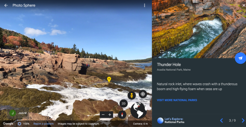 A rocky coastline with crashing waves at Thunder Hole, Acadia National Park, Maine, under a clear blue sky.