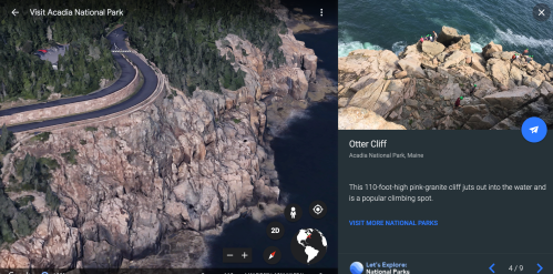 Aerial view of Otter Cliff in Acadia National Park, showcasing rocky cliffs and ocean waves below. Popular climbing spot.